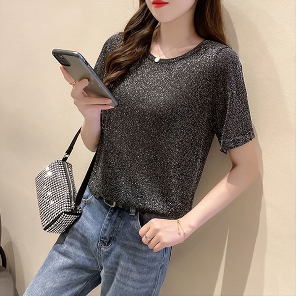 

backless short-sleeved t- ice silk knitted women's thin sparkling 2020 shirt clothing shirt summer clothes round collar design sense ha, White