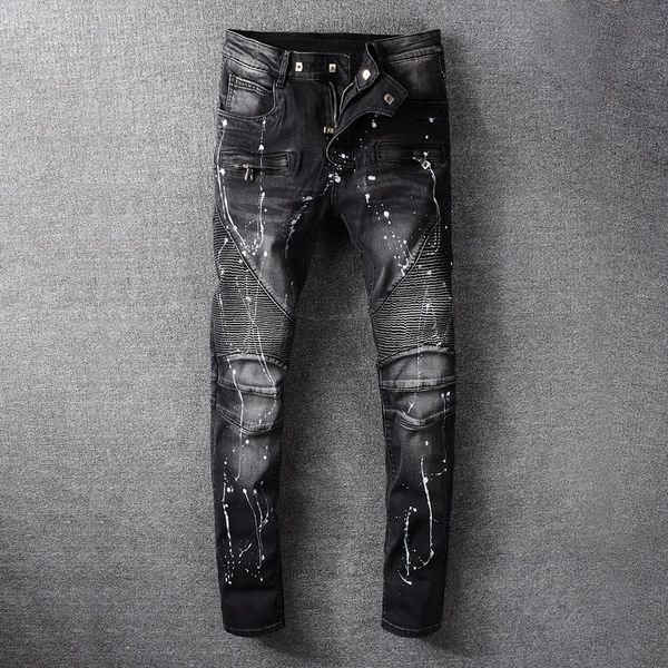 

new mens designer jeans black slim fashion brand paint spray hole denim pants ripped distressed slim pencil pants motorcycle pants, Blue