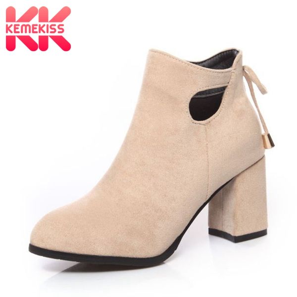 

kemekiss women short plush ankle boots round toe rough heel zipper bowtie footwear flock thermal winter ladies shoes size 31-43, Black