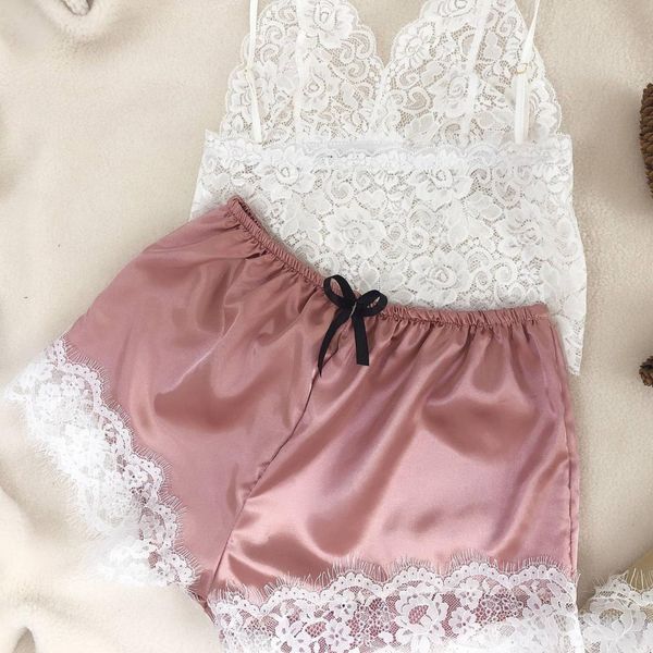 

women's summer satin pajama set silk simulated home clothes with lace sleepwear two-piece shorts vest suit, Black;red