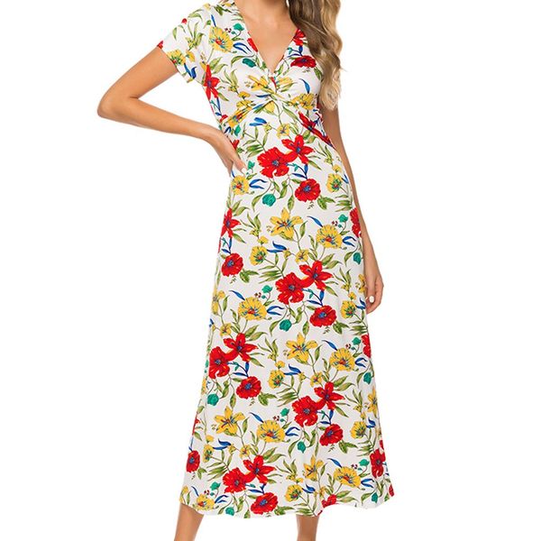 

women's fashion casual bohemian floral v-neck bandage print summer short sleeve dress for female vestidos robe femme 41, Black;gray