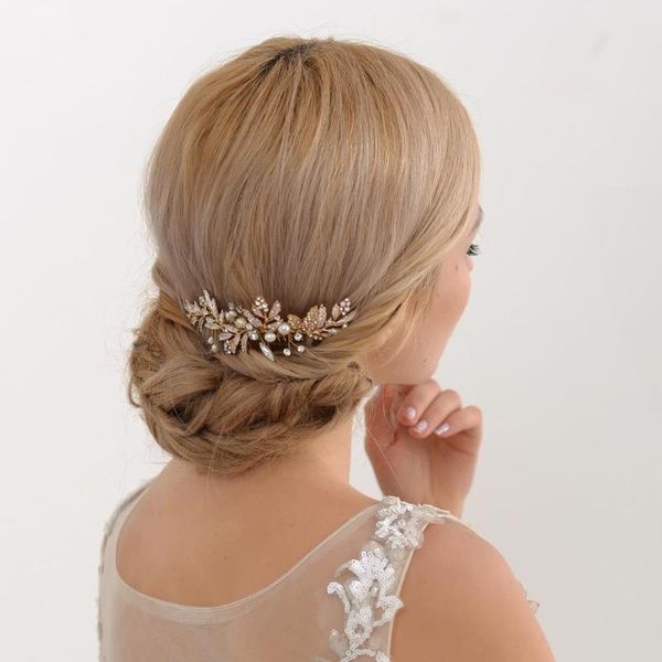 

bufei hp14 golden leaves wedding hair clip for bride hair comb for bride fancy clip bridal accessories pearl crystal