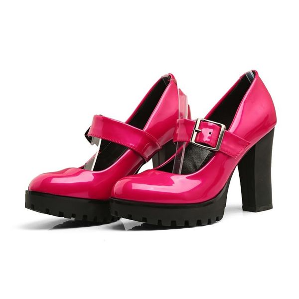 

us4-11 women pointed toe patent leather block high heel chunky belt buckle pumps party shoes low plus size 3colors, Black