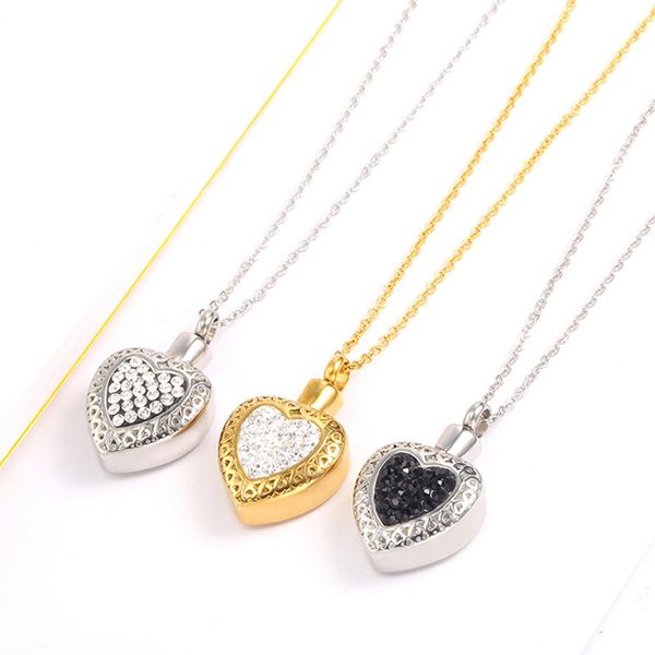 

1 pc love heart full rhinestone pendant necklace pet lovers ashes memorial keepsake titanium steel openable pendant necklace, Silver