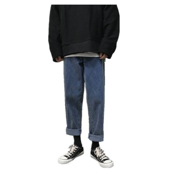 

loose fit jeans men fall wide leg ankle length straight pants boys wild nine pants summer lightweight denim trousers 2019 summer, Blue