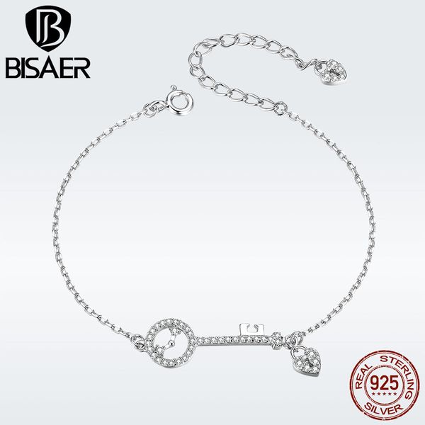 

bisaer 925 sterling silver love lock and key heart bracelet for women lobster chain link bracelets argent bijoux gxb115, Golden;silver