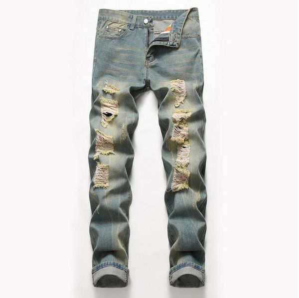 

big size mens classic straight leg ripped jeans fashion designer slim fit washed solid hole biker hip hop retro blue denim pants jb2