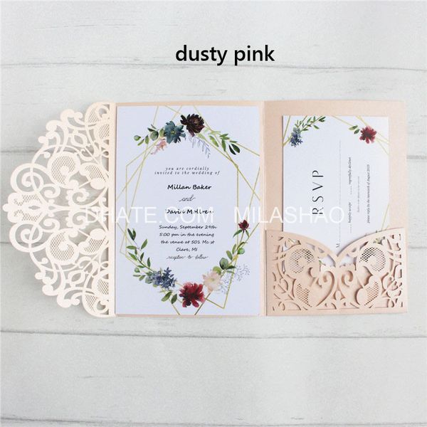 Dusty Pink Card Invitation Wedding Anniversary Laser Cutting With