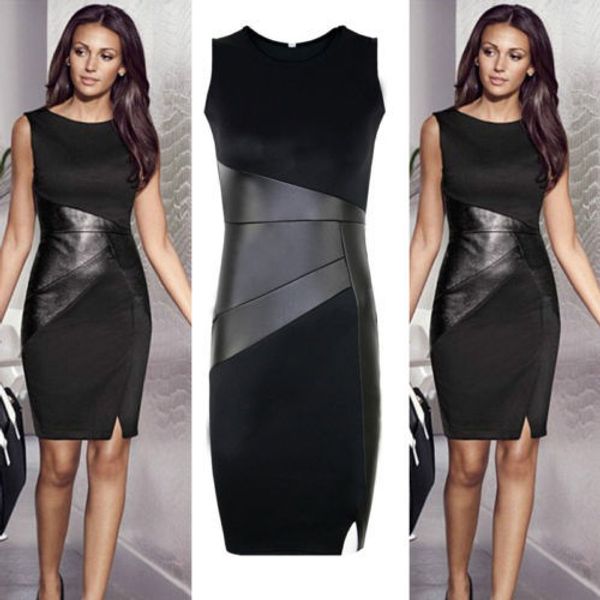 

сексуальные женщины мини платье лоскутное без рукавов o шеи тонкий bodycon кожа вечерняя вечеринка клуб оболочка колонка носить черный, Black;gray
