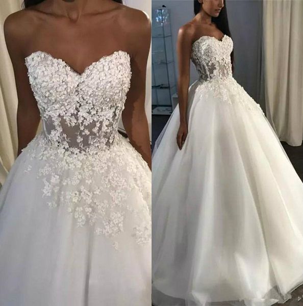 

sweetheart a line wedding dresses corset back sweep train 3d lace seaside wedding bridal gowns beach robes de mariÃ©e, White