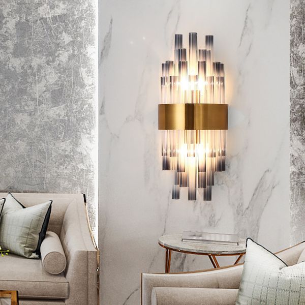

luxury modern crystal wall lamp for living room gold home decoration wall sconces smoke gray bedside bedroom wall lamp