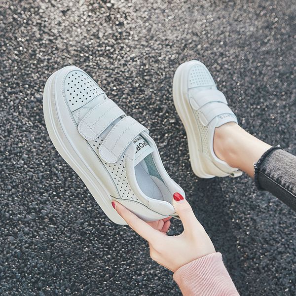 

magic paste genuine leather small white punching female 2020 joker inside increase platform shoes with thick soles, Black