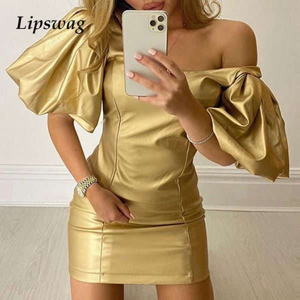 

дамы sexy с плечом половина рукава атласного платья партии женщина весна фонарь рукав bodycon мини платье разрез шея тонкого gold, Black;gray