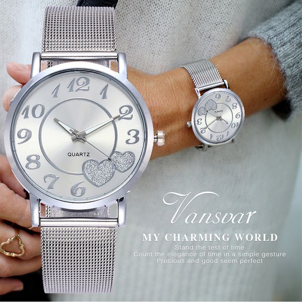 

2019 vansoar fashion simple brand women watch stainless steel strap pin buckle ladies clock quartz wrist watches zegarek damski, Slivery;brown