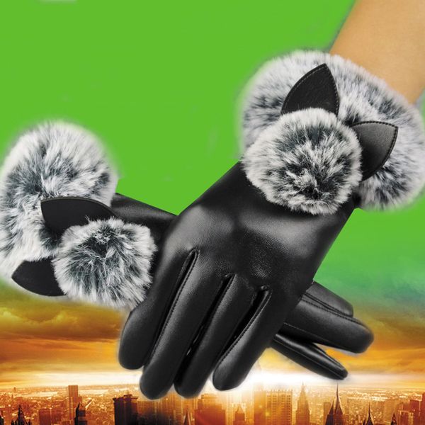 

fashion women fur pompons imitation leather gloves female autumn winter cat ears driving mittens lady full finger gloves guantes, Blue;gray