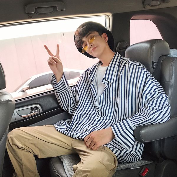

dress shirt men's fashion business casual society men's shirt man streetwear wild loose long-sleeved striped male -2xl, White;black
