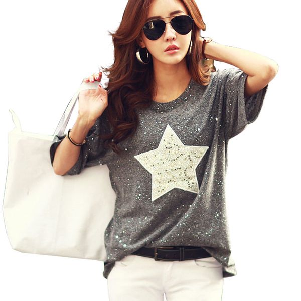 

new fashion t shirt women short sleeve o-neck cotton tees star polka dot printed summer rhinestone camisetas mujer, White