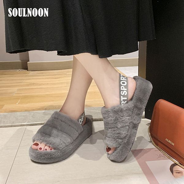 

women fur slippers winter home shoes platform heel 5cm fashion sandals warm fluffy indoor slides faux fur flip flops wholesale, Black