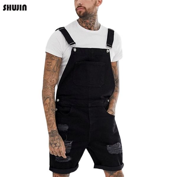 

shujin 2019 men bib overalls shorts lightweight casual loose fit walkshort jumpsuit button denim rompers summer male solid jeans, Blue