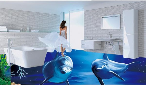 

pvc self adhesive waterproof bookshelf mural wallpaper 3d ocean world dolphin floor tile floor sticker living room study 3d floor