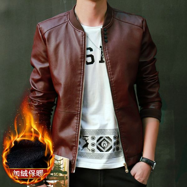 

new fashion leather jacket men stand collar coat mens thick warm slim fit youth motorcycle suede jackets plus size, Black