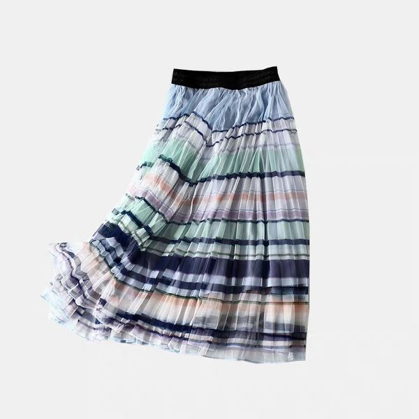 

экспорт во францию 2020 мода лето высокой талией радуга полосатый сетки плиссированные юбки бохо праздником дамы миди юбка одежды, Black