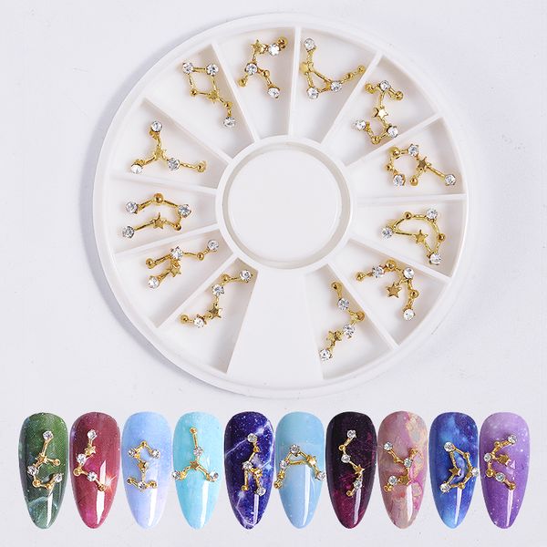 

12 pcs/set 3d nail art decoration 12 constellations nail art metal rhinestones 3d charms decals diy manicure metallic studs, Silver;gold