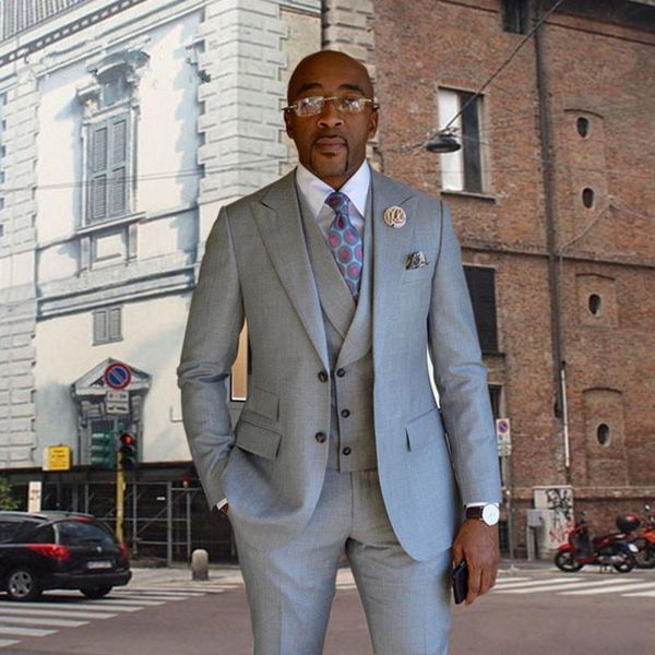 

light grey groom tuxedos peak lapel groomsman wedding 3 piece suit fashion men business prom party jacket blazer(jacket+pants+tie+vest) 2276, Black;gray