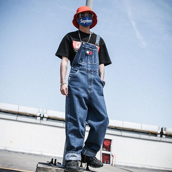 

new men's simple denim bib pants men's european and american street hip-hop jrans fashion loose overalls suspender pants, Blue