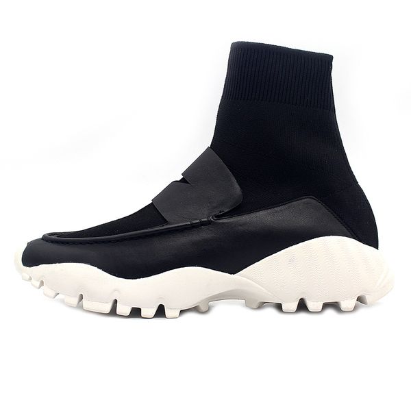

brand designer men flyknite ultra light high sock boots antiskid loafers slip on joggers sneakers thick platform ankle boots, Black