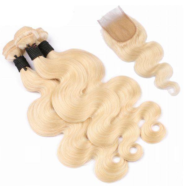 

ombre brazilian human hair 613# blonde straight/body wave bundles with 4x4 lace closure middle /three part lace closure with 3 bundles, Black;brown