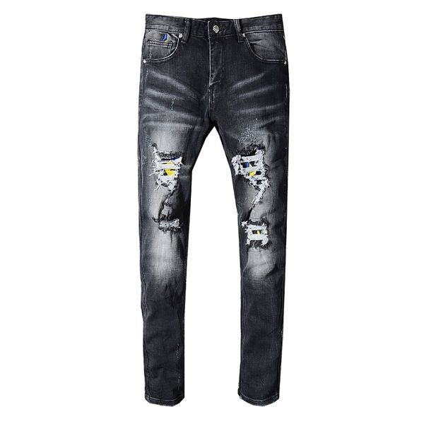 

classic mens designer jeans italian brand mens jeans loose hole hollow fn3 luxury jeans black distressed motorcycle riding pants, Blue