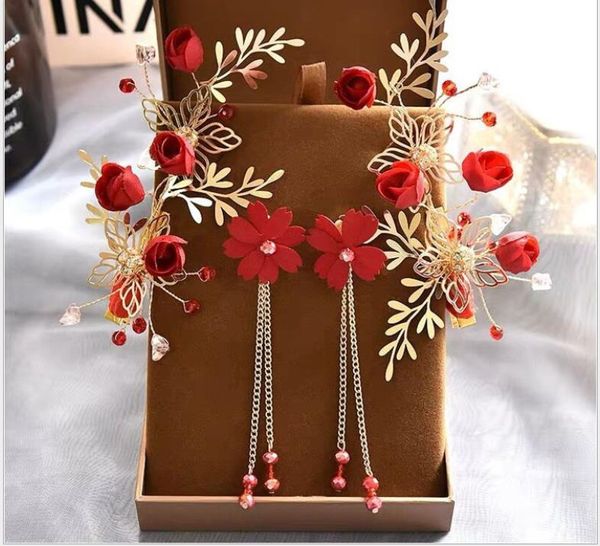 

bridal tiara red toast dress hair accessories accessories earrings set flower hair clip side clip bride head flower, Silver