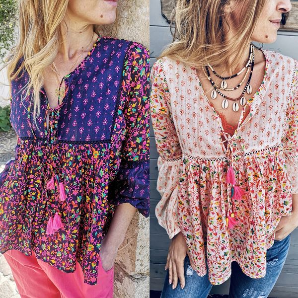 

double fringed long-sleeved simia positioning printed baby doll lace small floral shirt women's blouses shirts shirt, White