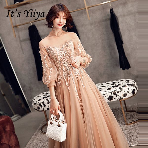 

it's yiiya evening dress 2019 elegant lantern sleeve lace long prom gowns plus size backless champagne women party dresses e525, White;black