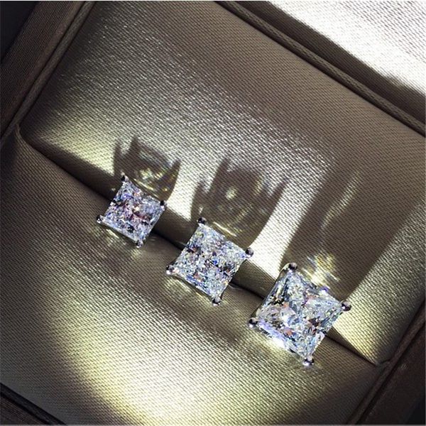 

cute square 6/7/8mm lab diamond stud earring real 925 sterling silver engagement wedding earrings for women bridal party jewelry, Golden;silver