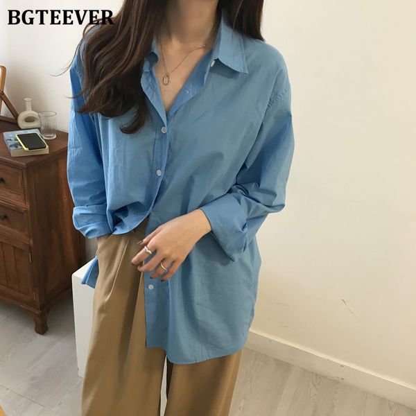 

women's blouses & shirts bgteever brief loose single-breasted solid women turn-down neck full sleeve female 2021 casual blusas, White