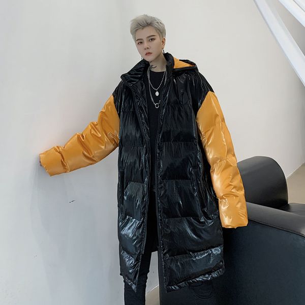 

men winter detachable hat loose splice thick warm cotton padded long jacket male streetwewar hip hop hooded parka coat outerwear, Black