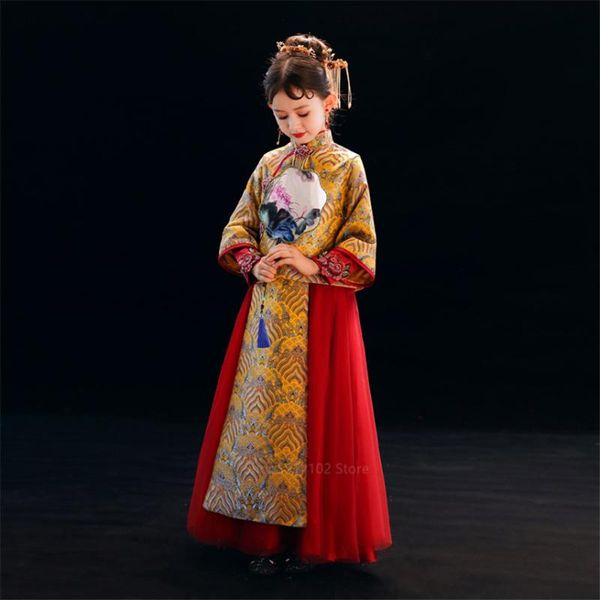 

2020 children chinese traditional clothing cheongsam baby girls wedding party flower girls stage performance evening dress qipao, Red