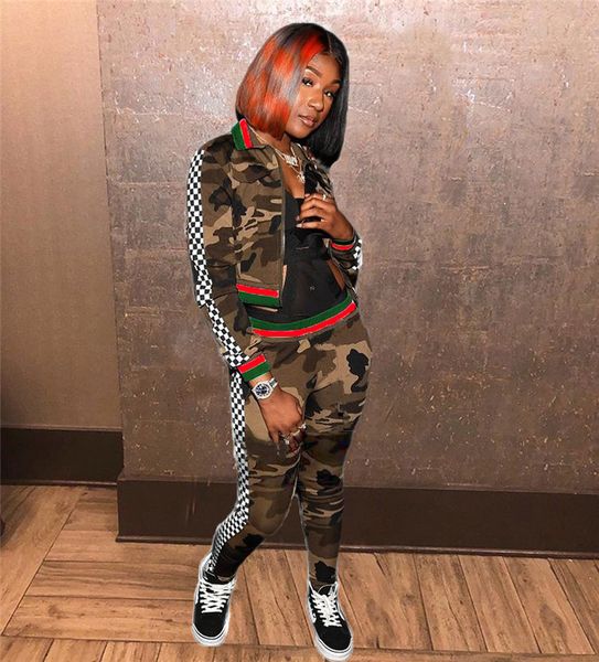 

Camouflage Womens Two Piece Sets Panelled Plaid Lapel Neck Cardigan Two Piece Pants Women Casual Suit