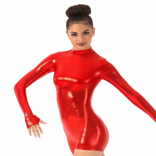 

stage wear icostumes women gold long sleeve shorty unitard shiny metallic dance team performance bodysuit, Black;red