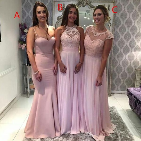 2020 Günstige Sexy Rosa Chiffon Brautjungfernkleider Gleiche Farbe Verschiedener Stil robe de soiree Bling Party Ballkleider Brautjungferngeschenke