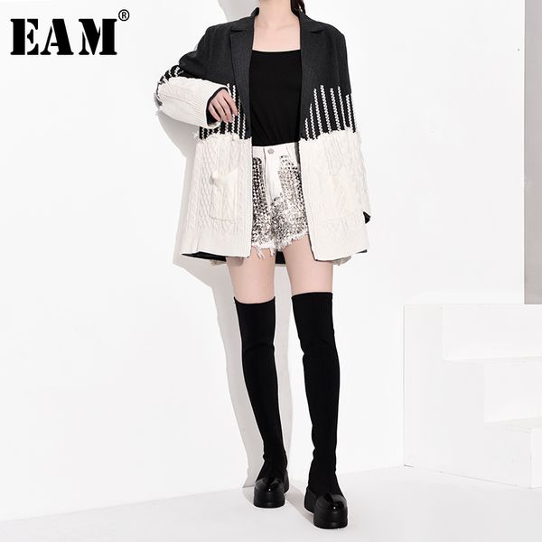

eam] loose fit gray cotrast color split knitting jacket new lapel long sleeve women coat fashion tide autumn winter 2019 jz2481, Black;brown