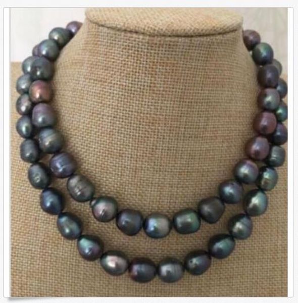 

2 strands huge 18"19"12-13mm tahitian genuine black green baroque pearl necklace, Silver