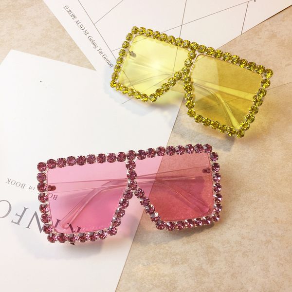 

oversized rhinestone sunglasses women square yellow pink sun glasses vintage shades for women goggle travel eyewear, White;black