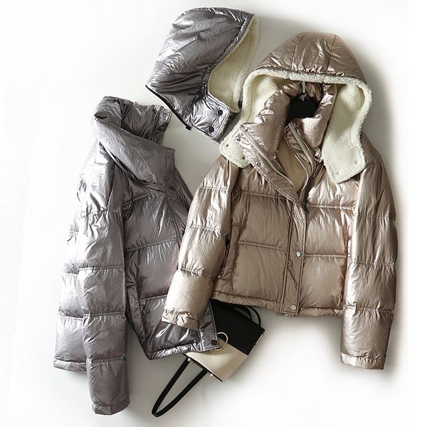 

new fashion glossy down jacket women winter warm down parka coat short female thick lambswool hooded duck outwear spacesuit, Black