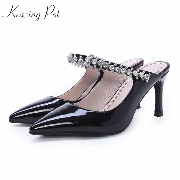 

krazing pot kid suede shoes women stiletto high heels crystal-studded slip on mules pointed toe sunshine girl summer pumps l12, Black