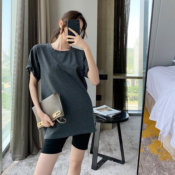 

fashion mid-length women's loose 2020 summer new t-shirt short-sleeved cotton designer solid color t-shirt women's coj, White