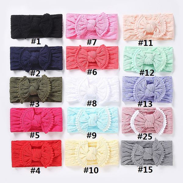 

100 pcs/lot, wholesale pompom trim knot bow soft nylon headbands, knit wide nylon bow headwrap, 27 colors available, Slivery;white
