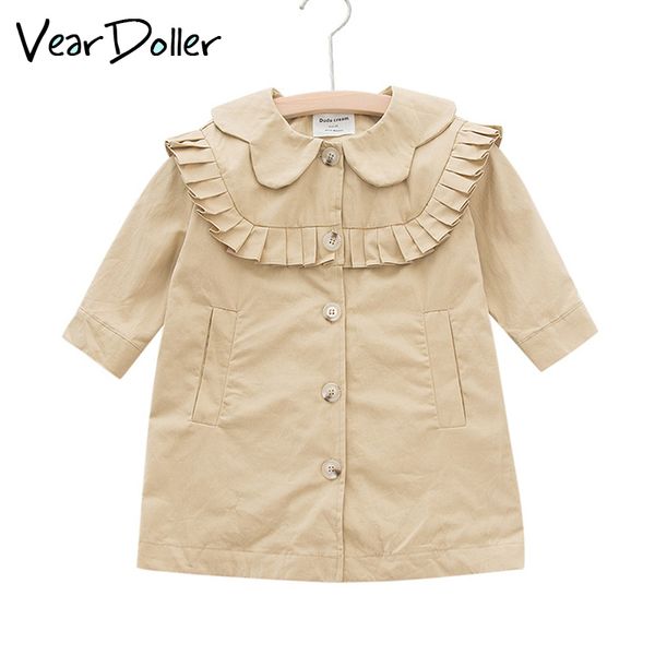 

veardoller fashion girls trench autumn winter pleated lace kids coats solid single breasted children jacket outerwear for girl, Blue;gray